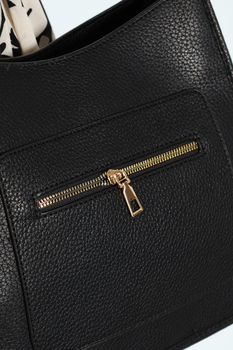Front Zip Pocket Webbing Strap Crossbody Bag - Black