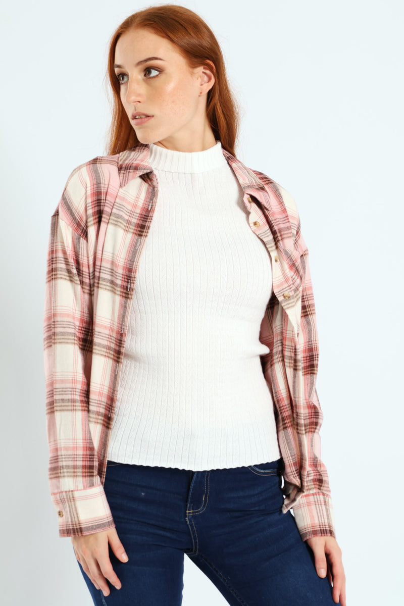 Long Sleeve Check Shacket - Blush