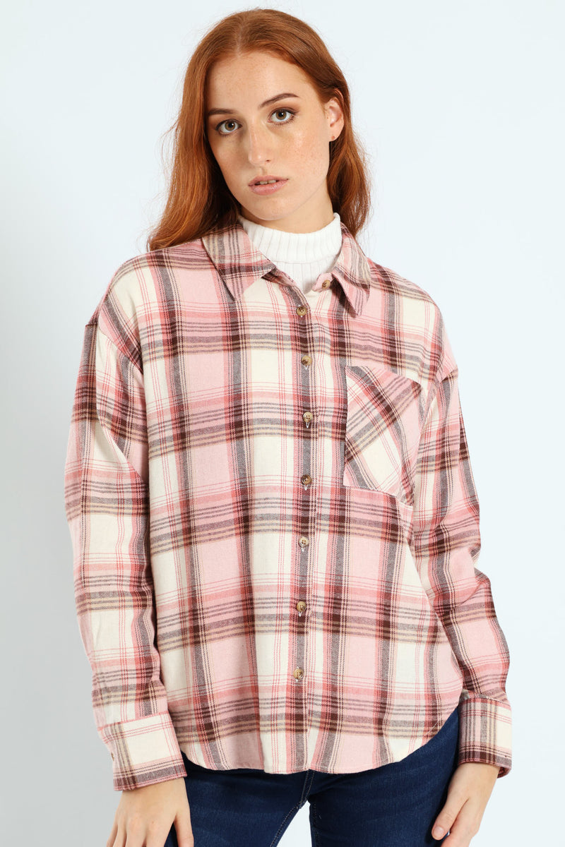 Long Sleeve Check Shacket - Blush