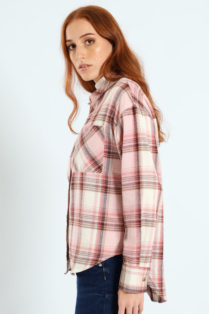 Long Sleeve Check Shacket - Blush