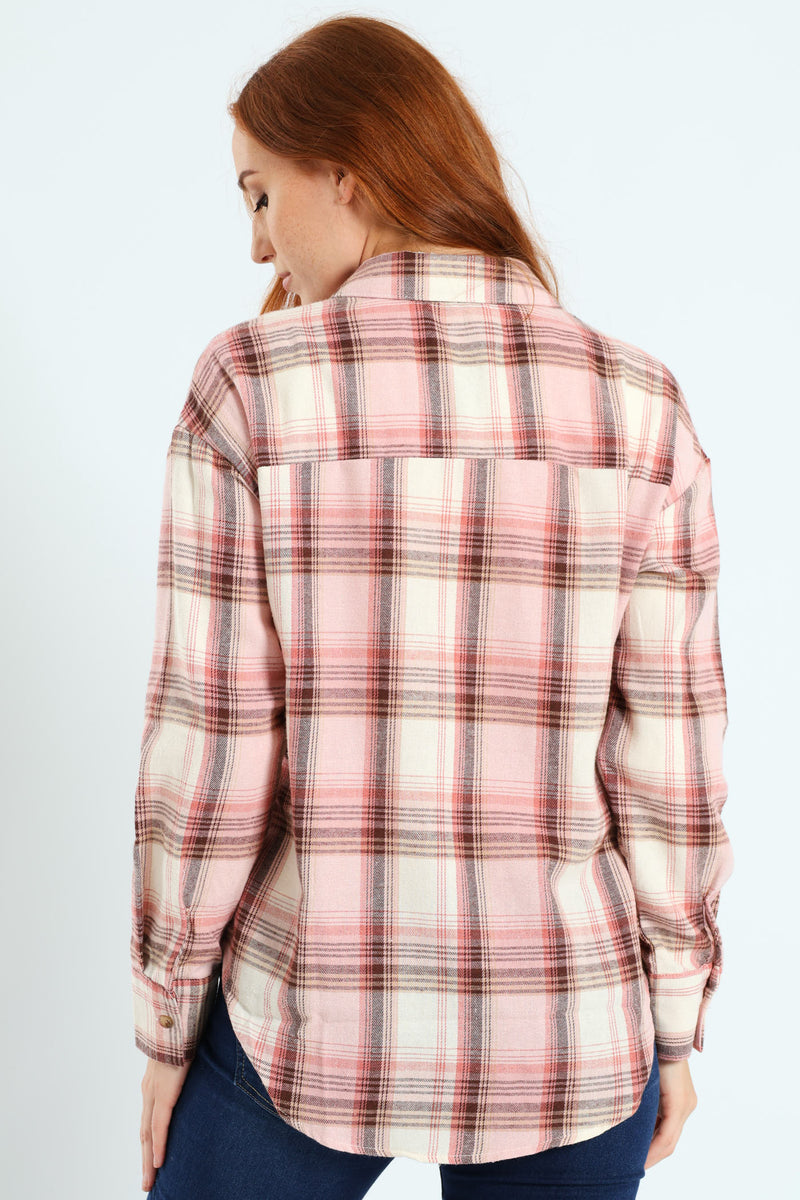 Long Sleeve Check Shacket - Blush