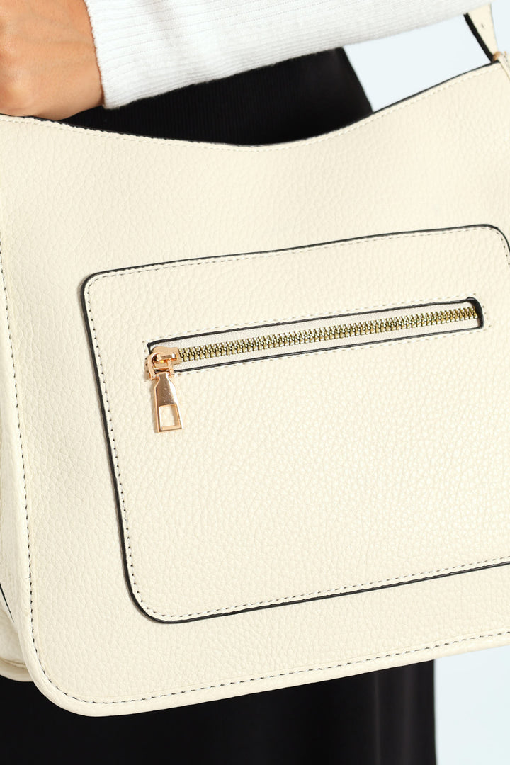 Front Zip Pocket Webbing Strap Crossbody Bag - Cream