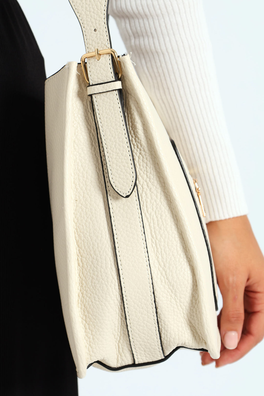 Front Zip Pocket Webbing Strap Crossbody Bag - Cream