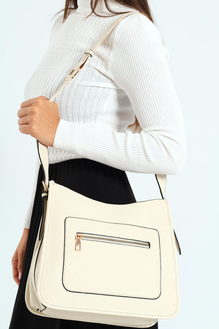 Front Zip Pocket Webbing Strap Crossbody Bag - Cream