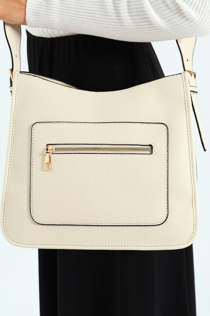 Front Zip Pocket Webbing Strap Crossbody Bag - Cream