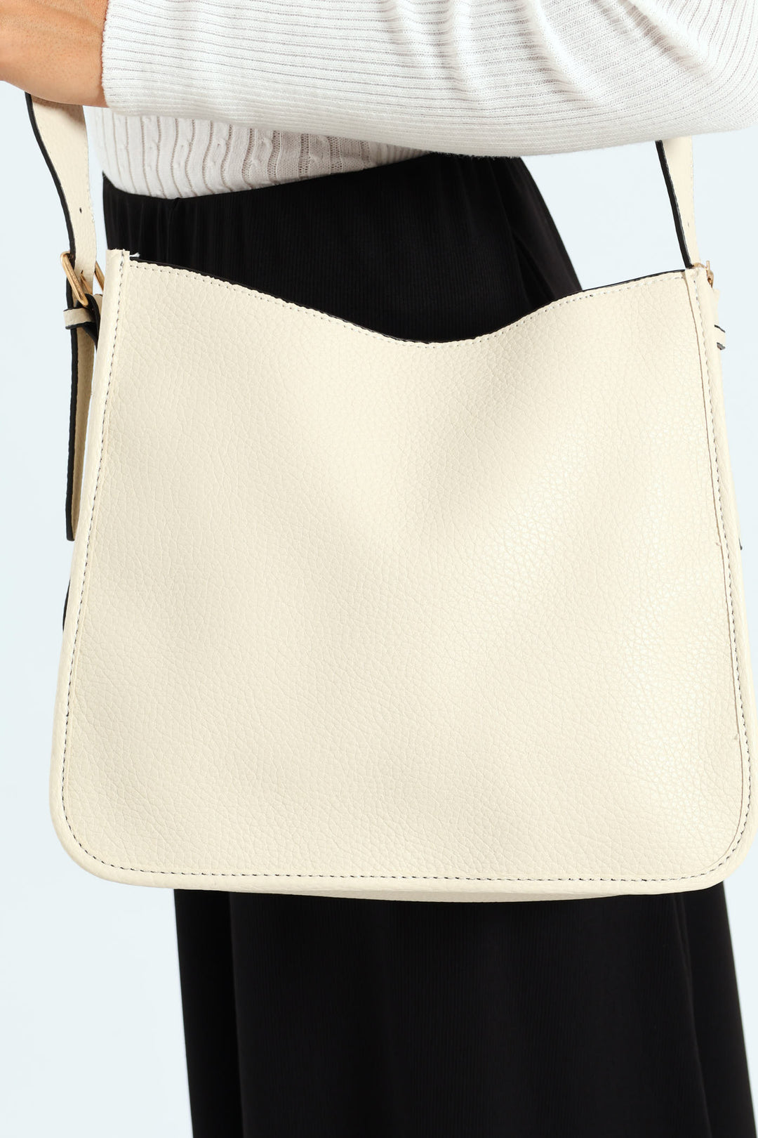 Front Zip Pocket Webbing Strap Crossbody Bag - Cream