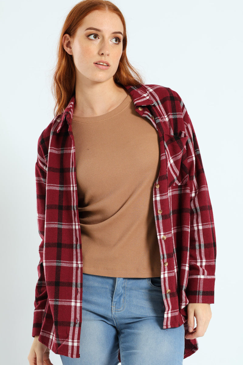 Long Length Flannel Check Shacket - Plum Noir