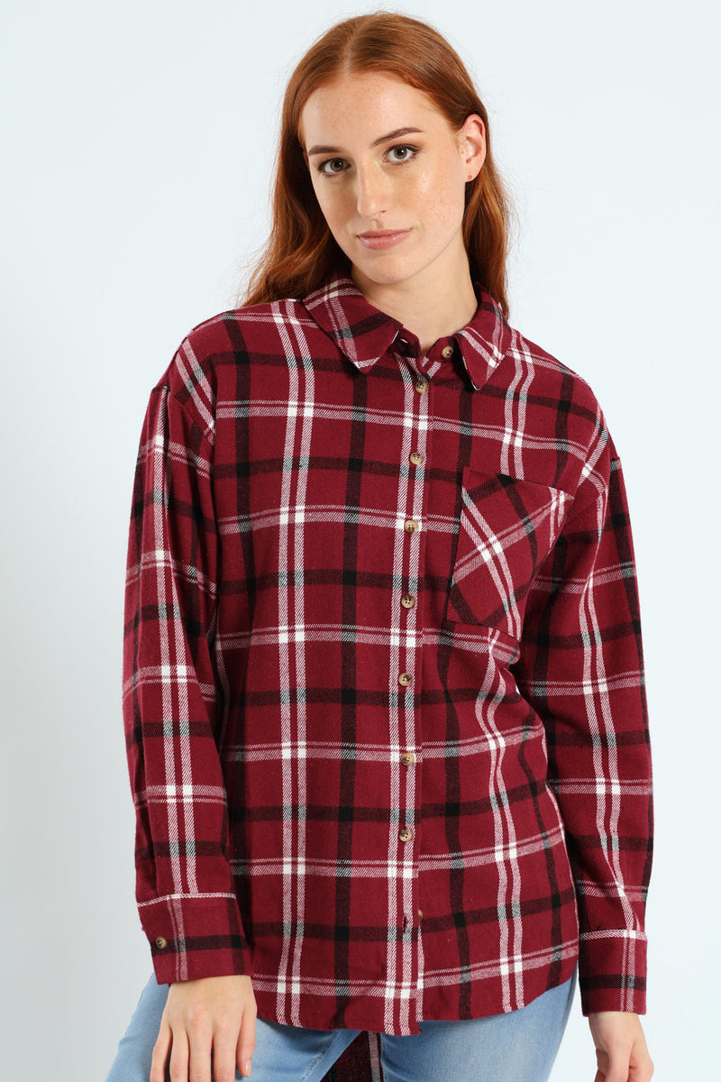 Long Length Flannel Check Shacket - Plum Noir