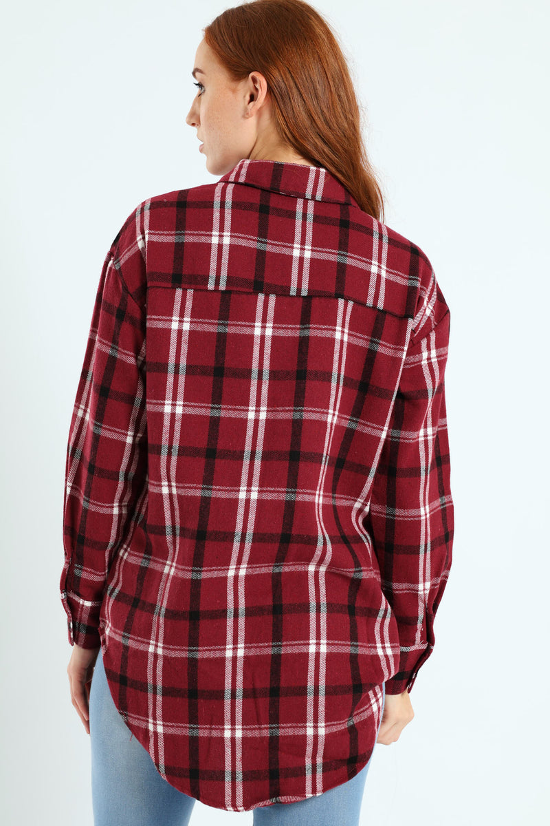 Long Length Flannel Check Shacket - Plum Noir