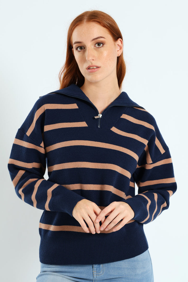 Funnel Neck Pullover With Zip - Navy/Brown