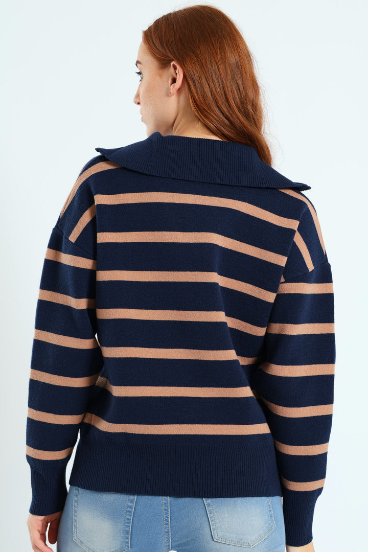 Funnel Neck Pullover With Zip - Navy/Brown