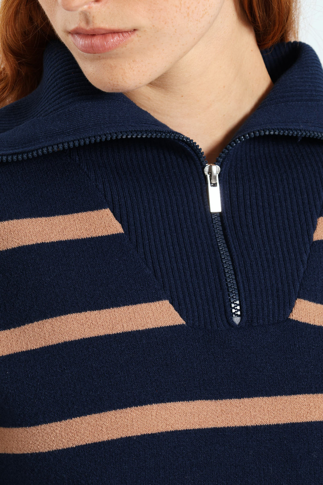 Funnel Neck Pullover With Zip - Navy/Brown