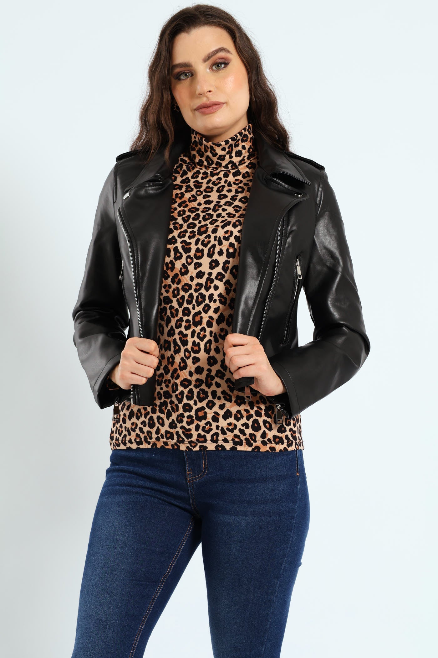 Ladies Pu Biker Jacket With Epaulettes - Black – Edgars