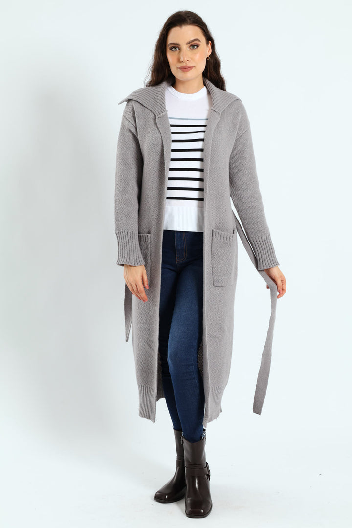 Collared Belted Long Cardigan - Grey Melange