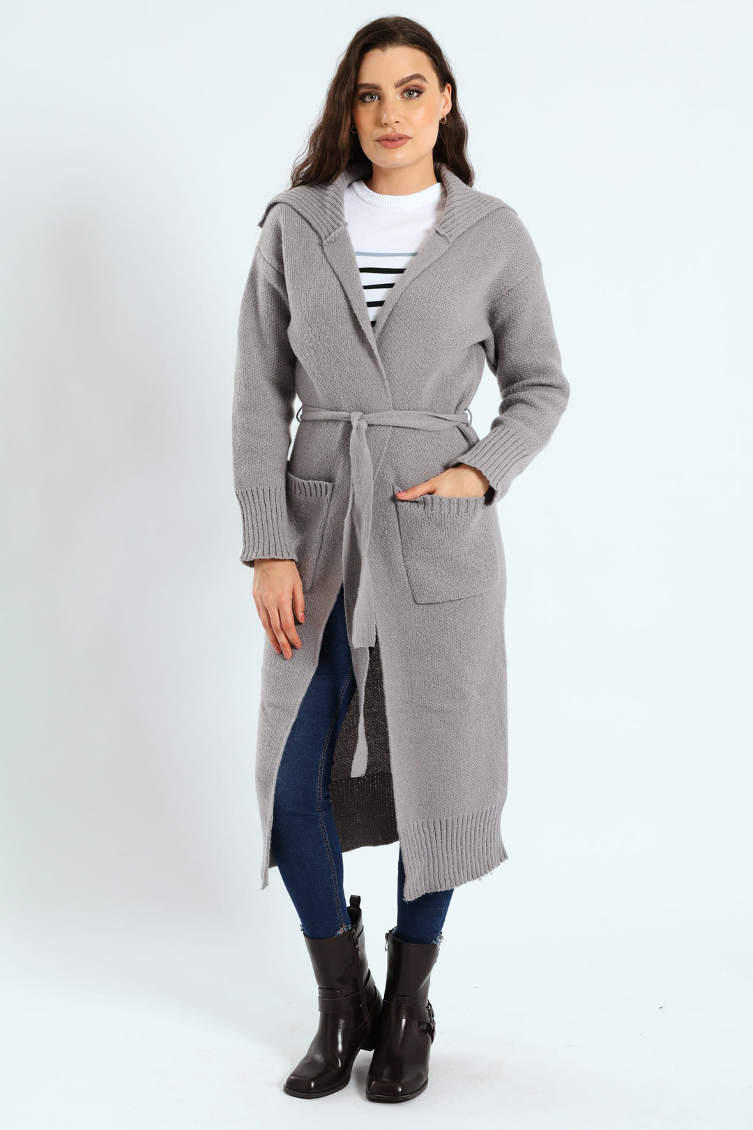 Collared Belted Long Cardigan - Grey Melange