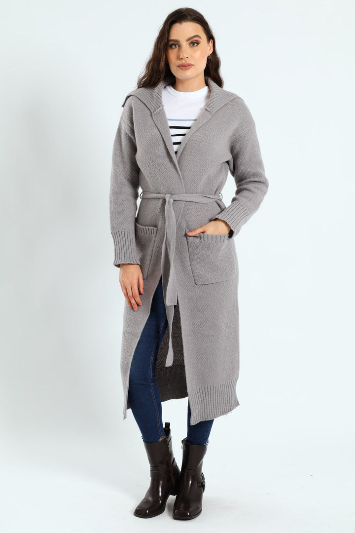 Collared Belted Long Cardigan - Grey Melange