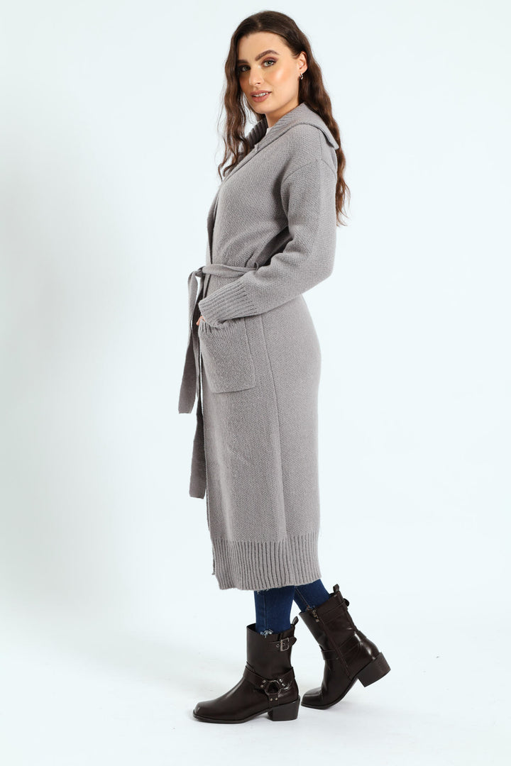 Collared Belted Long Cardigan - Grey Melange