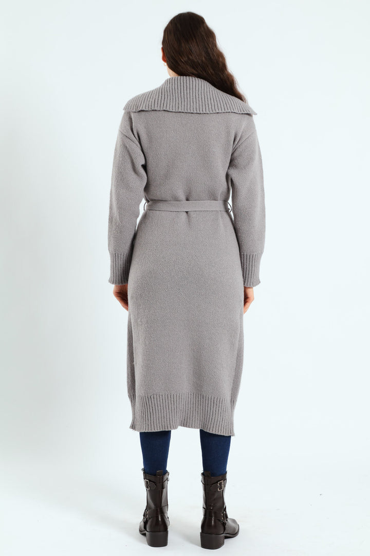 Collared Belted Long Cardigan - Grey Melange