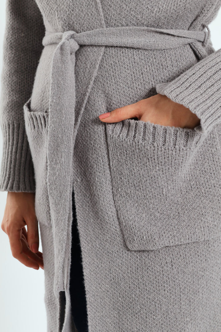 Collared Belted Long Cardigan - Grey Melange