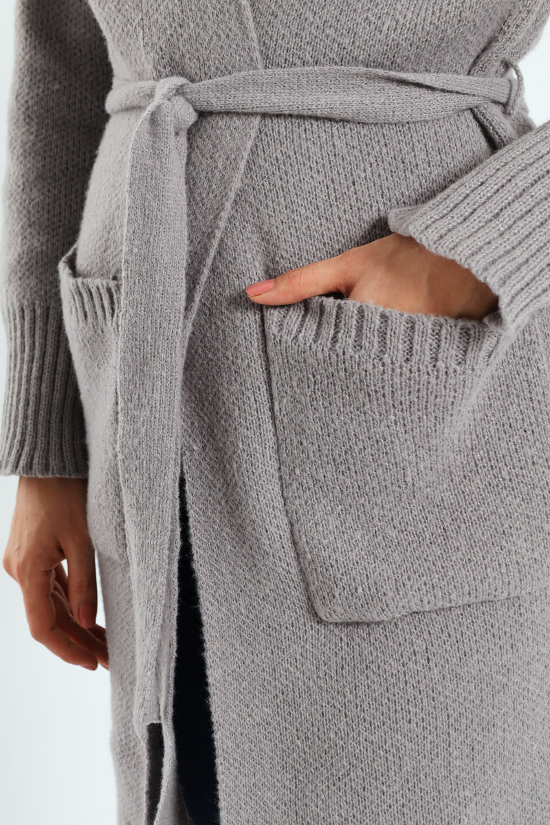 Collared Belted Long Cardigan - Grey Melange