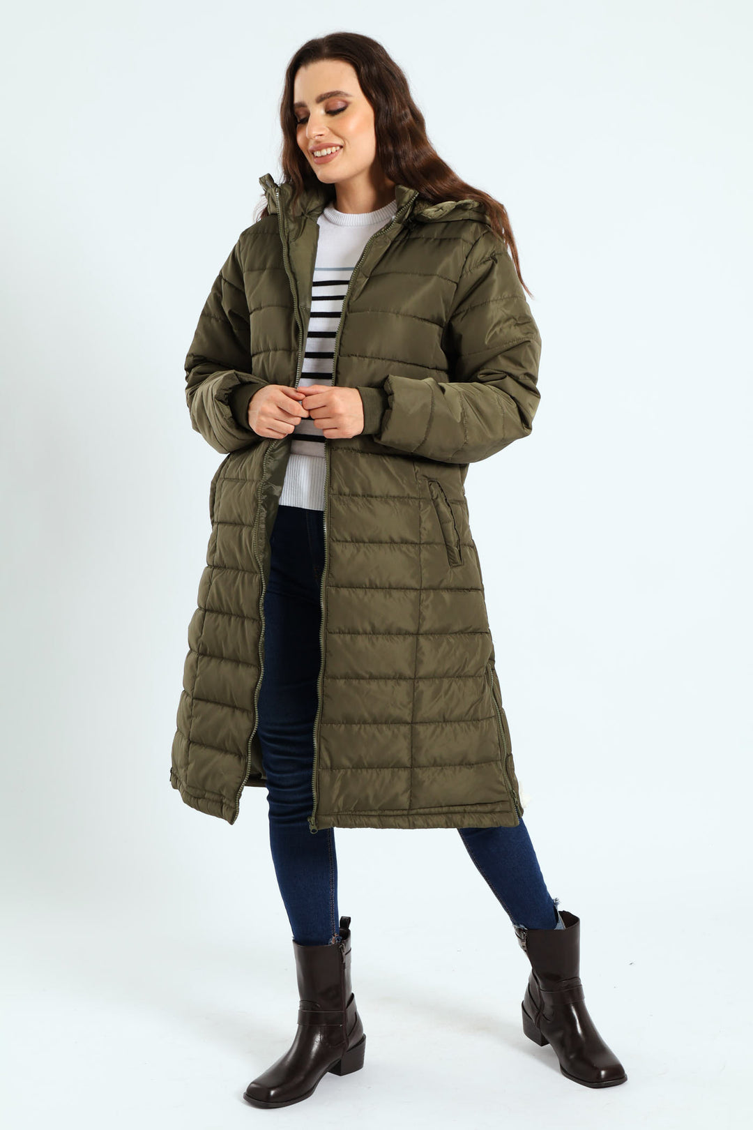 Padded Puffer Jacket With Detachable Hood - Dark Fatigue