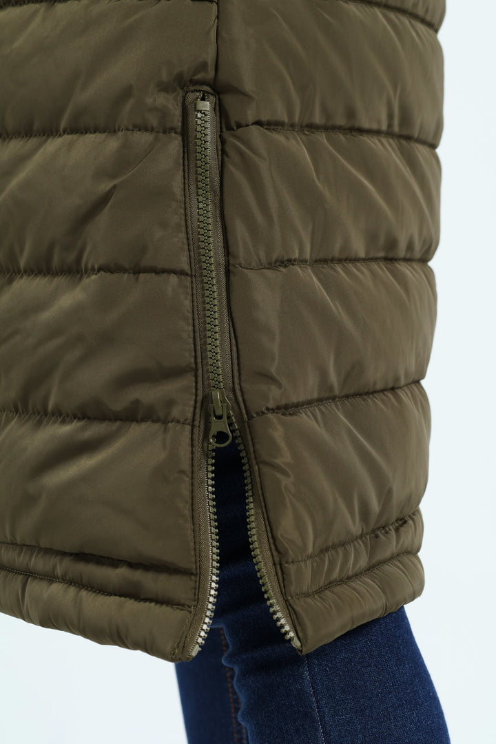 Padded Puffer Jacket With Detachable Hood - Dark Fatigue