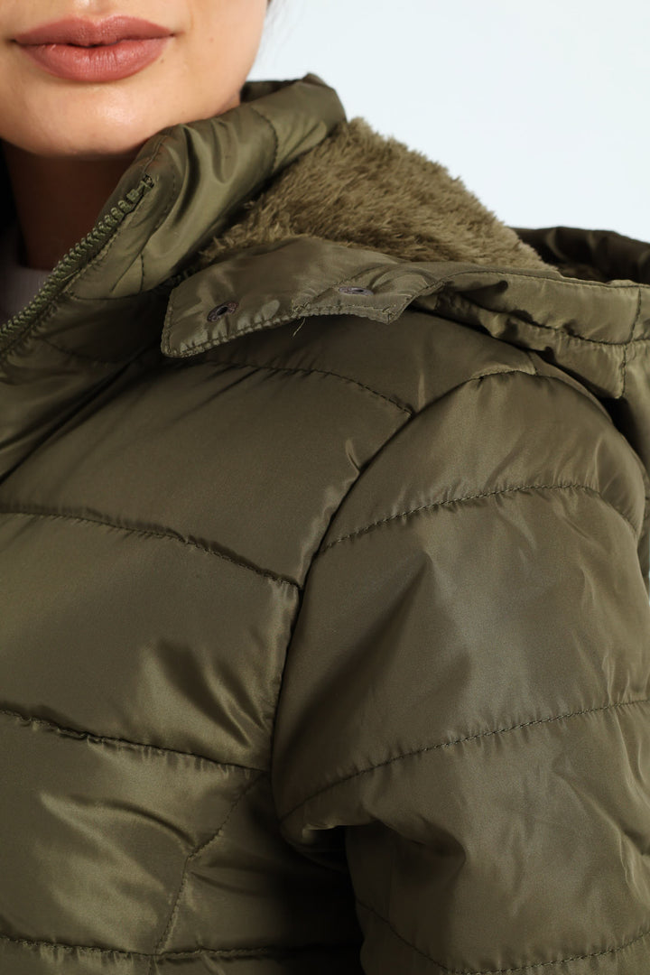 Padded Puffer Jacket With Detachable Hood - Dark Fatigue