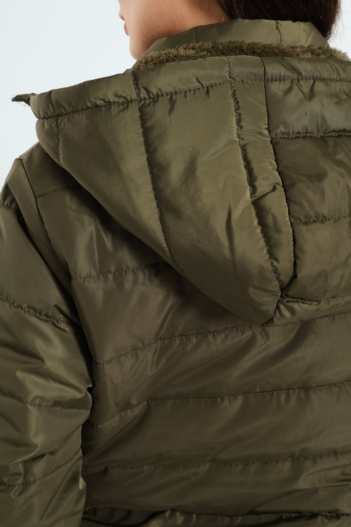 Padded Puffer Jacket With Detachable Hood - Dark Fatigue