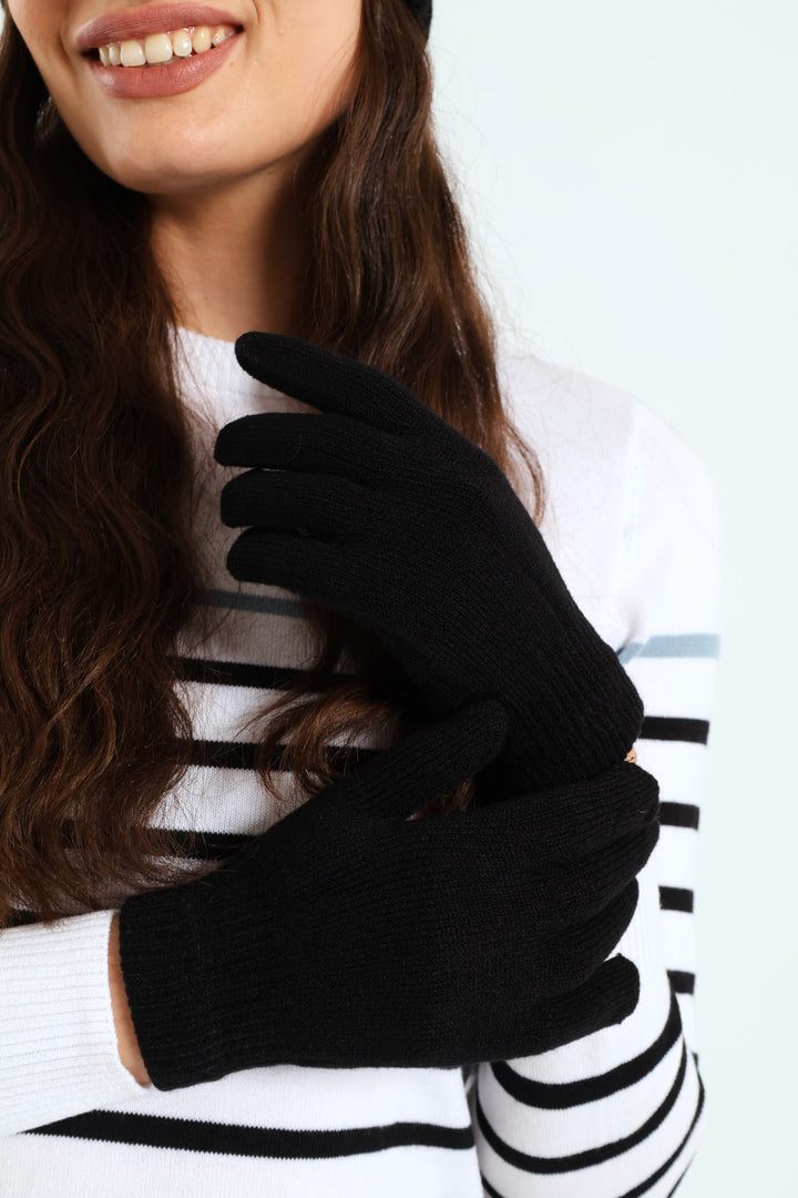 Cable Knit Turn Up Beanie & Glove Set - Black