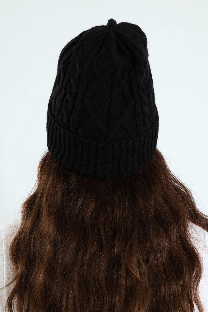 Cable Knit Turn Up Beanie & Glove Set - Black