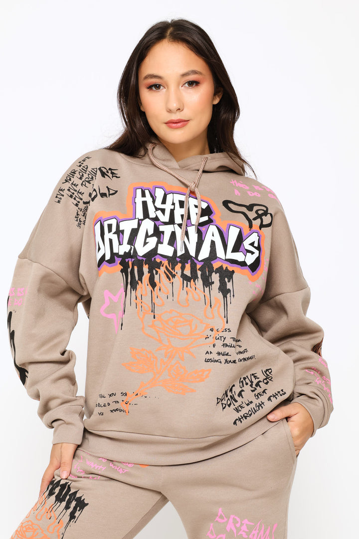 Graph Printed Oversized Hoody - Mocha