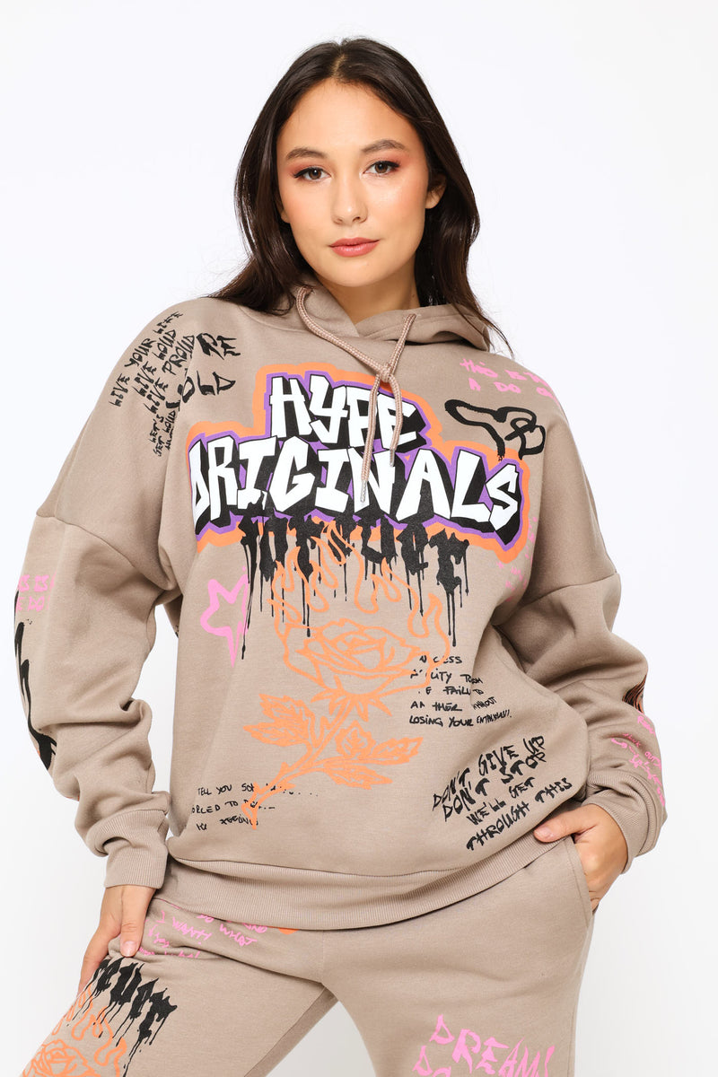Graph Printed Oversized Hoody - Mocha