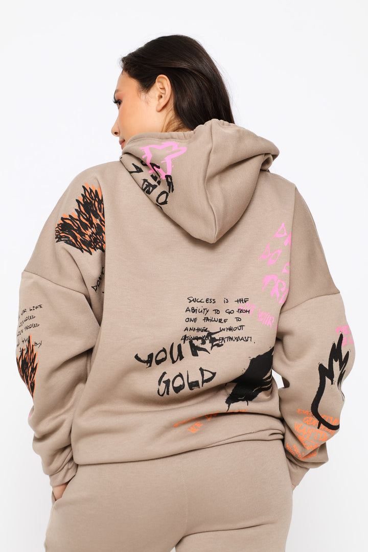 Graph Printed Oversized Hoody - Mocha