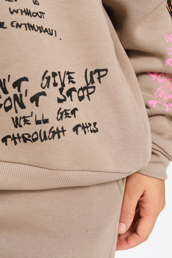 Graph Printed Oversized Hoody - Mocha