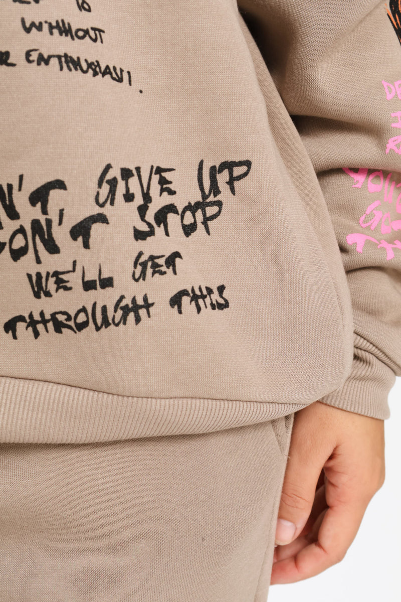 Graph Printed Oversized Hoody - Mocha