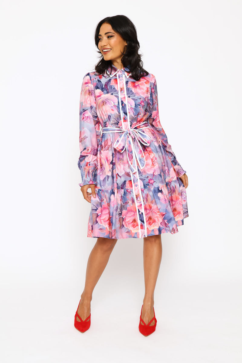 Long Sleeve Cuff Button Through Printed Midi Dress - Purple