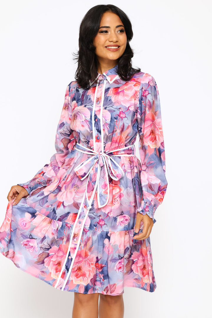 Long Sleeve Cuff Button Through Printed Midi Dress - Purple