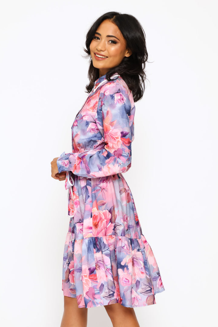 Long Sleeve Cuff Button Through Printed Midi Dress - Purple