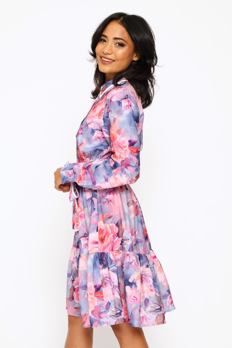 Long Sleeve Cuff Button Through Printed Midi Dress - Purple