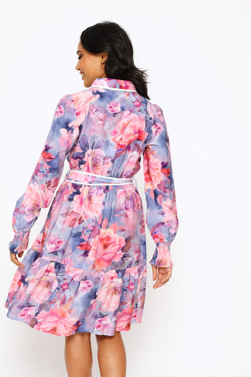 Long Sleeve Cuff Button Through Printed Midi Dress - Purple