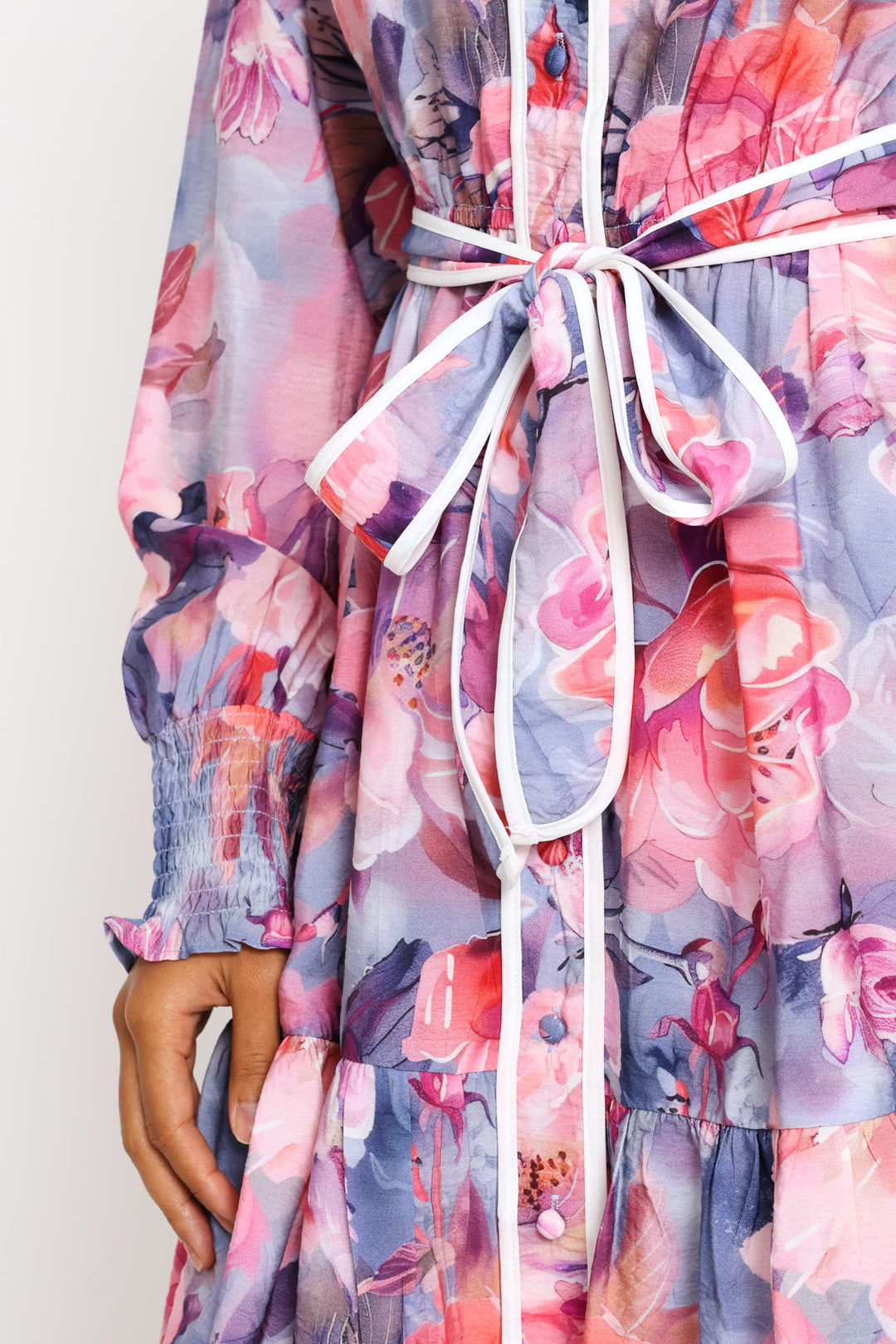 Long Sleeve Cuff Button Through Printed Midi Dress - Purple