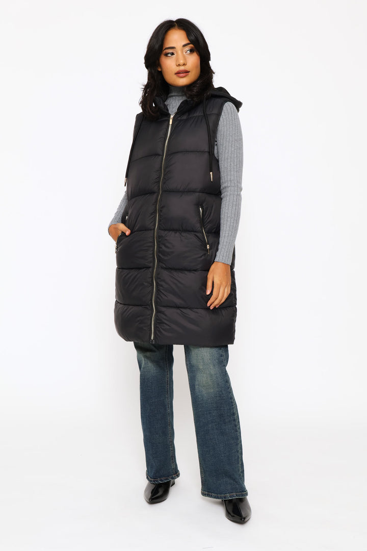 Long Length Zip Detail Puffer Gilet - Black