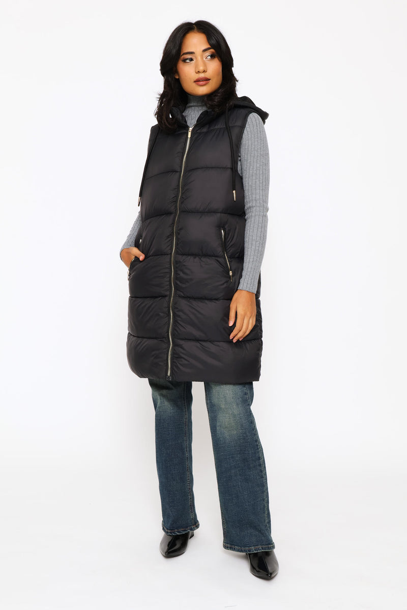 Long Length Zip Detail Puffer Gilet - Black