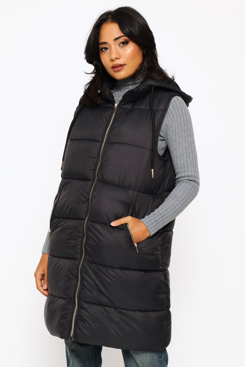 Long Length Zip Detail Puffer Gilet - Black