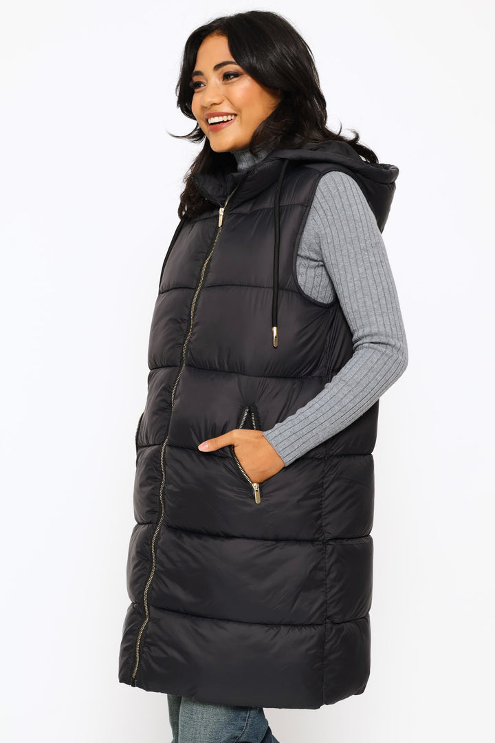 Long Length Zip Detail Puffer Gilet - Black