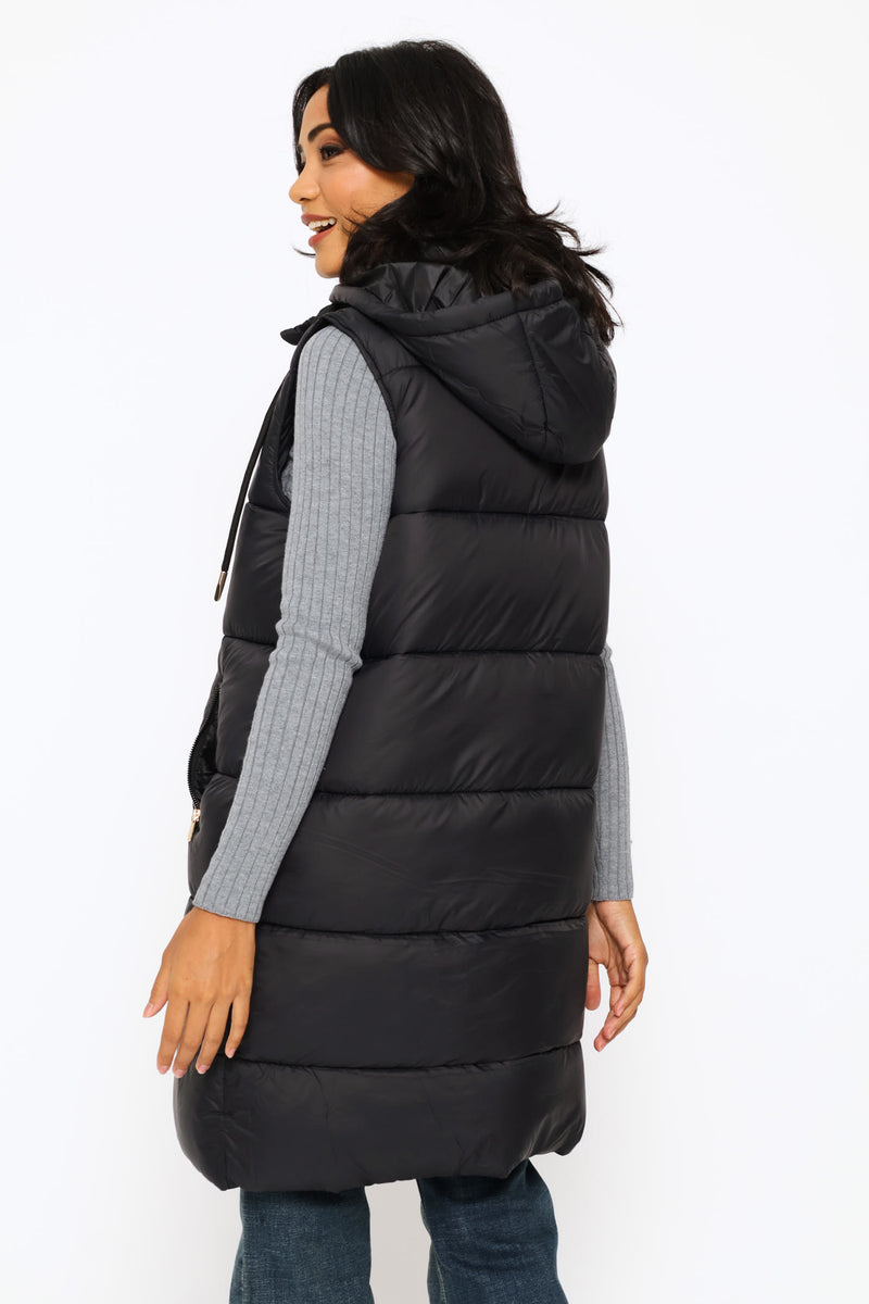 Long Length Zip Detail Puffer Gilet - Black