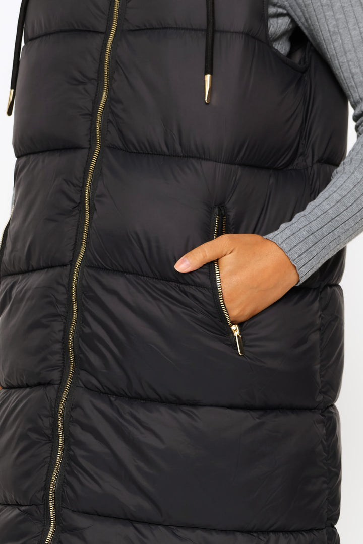 Long Length Zip Detail Puffer Gilet - Black