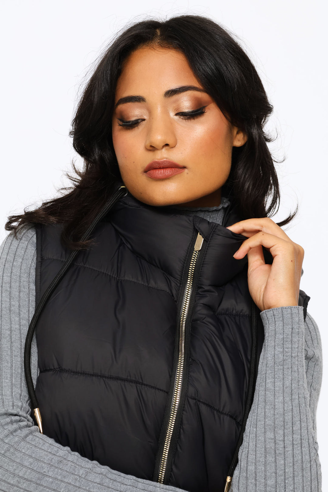 Long Length Zip Detail Puffer Gilet - Black