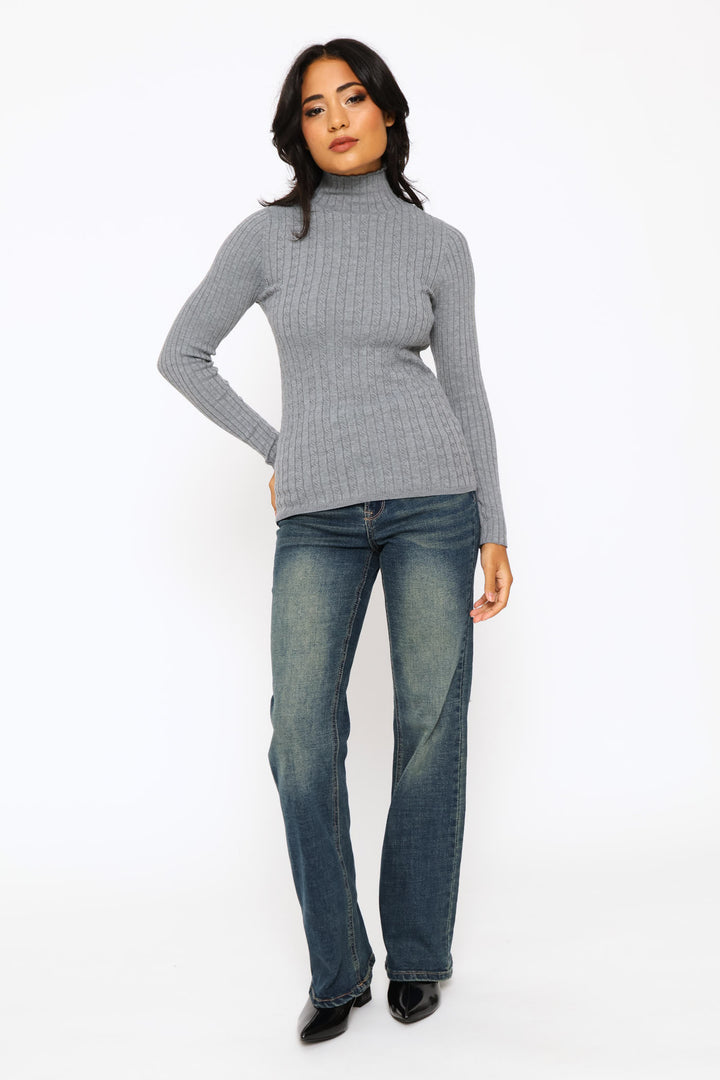 Plain Cable Turtleneck - Grey Melange