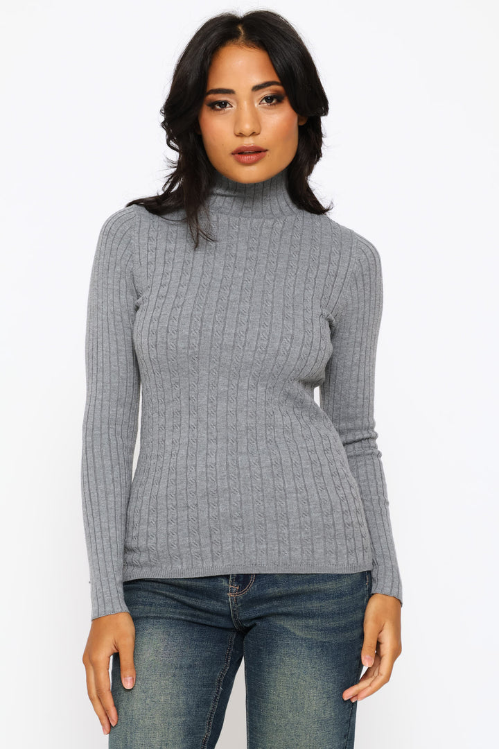 Plain Cable Turtleneck - Grey Melange